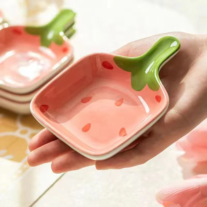 Super Cute Cartoon Strawberry Dipping Saucer Household Three-Dimensional Ceramic Saucer Ketchup Snack Plate Vinaigrette