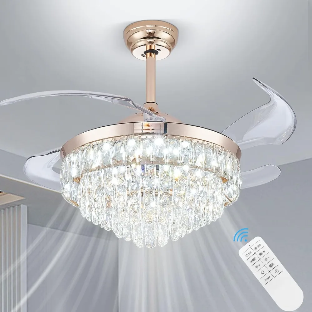 42'' Dimmable Ceiling Fan with Light and Remote Crystal Modern Chandelier Fan, 6 Speed, 3 Color Change, Timer Function(Gold)