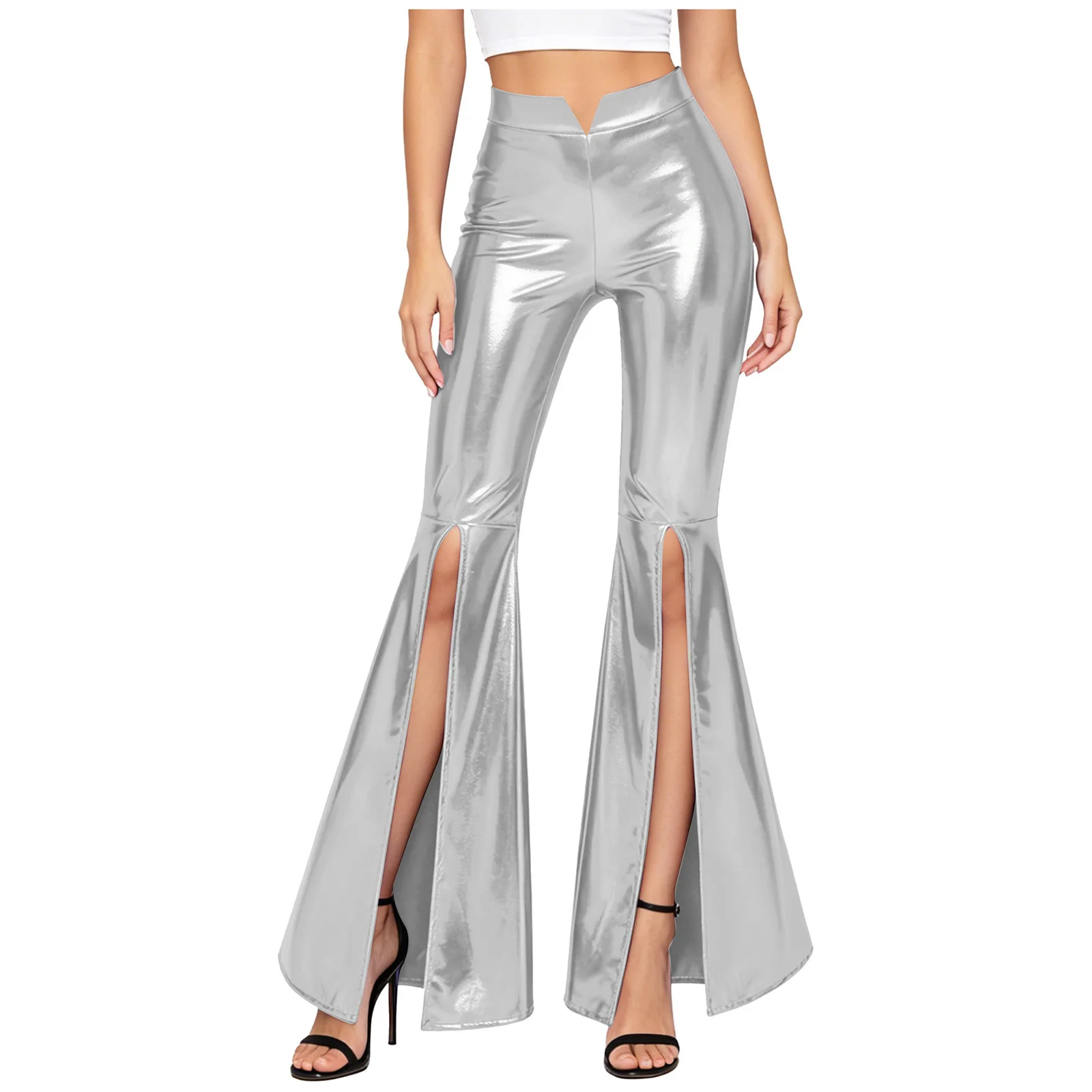 Womens 70s Disco Metallic Shiny Flared Pants High Waist Split Bell Bottoms Long Pants Jazz Dance Trousers Hippie Party Clubwear