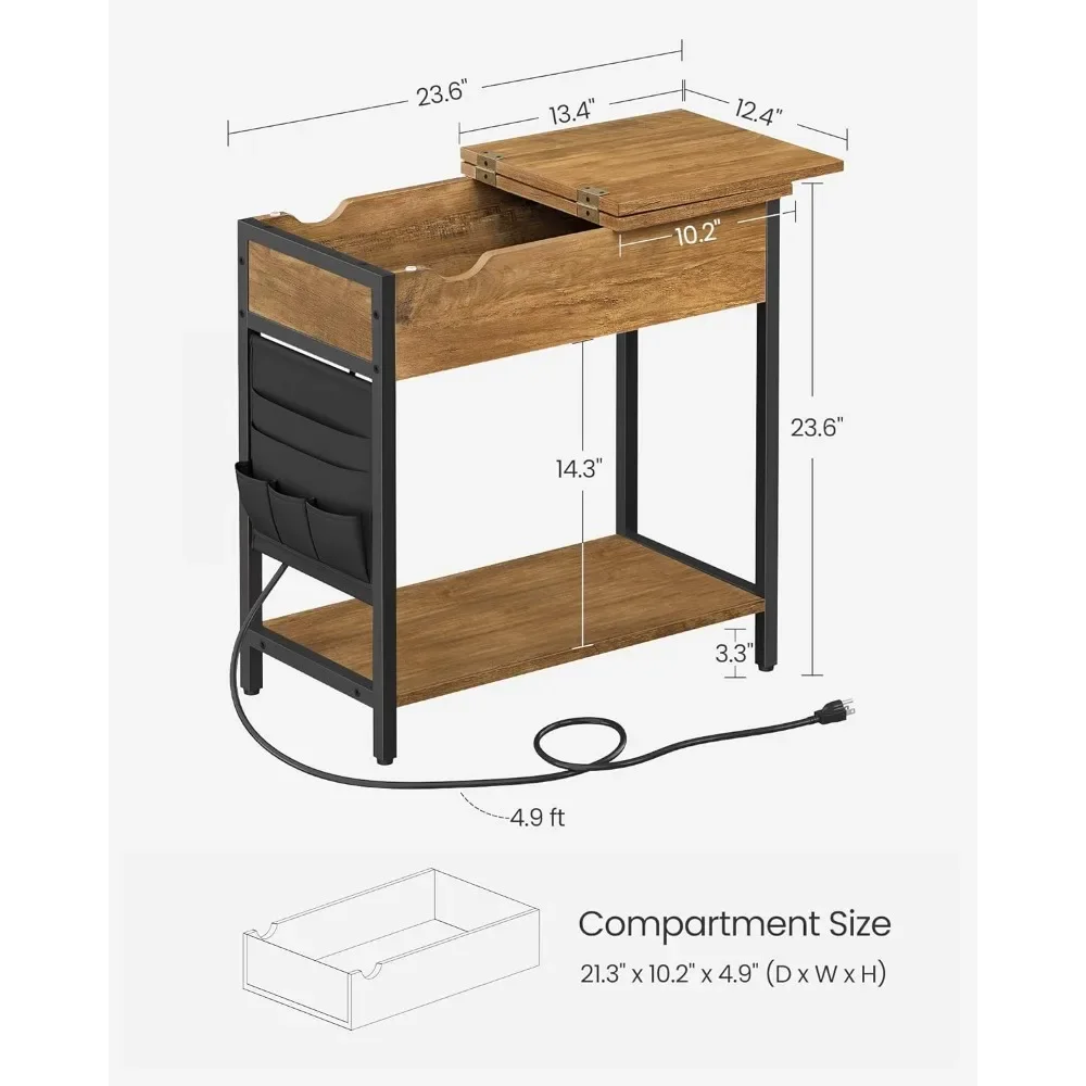 Side Table with Storage, End Table with USB Ports and Outlets, Nightstand with Charging Station, Fabric Bags, for Living Room