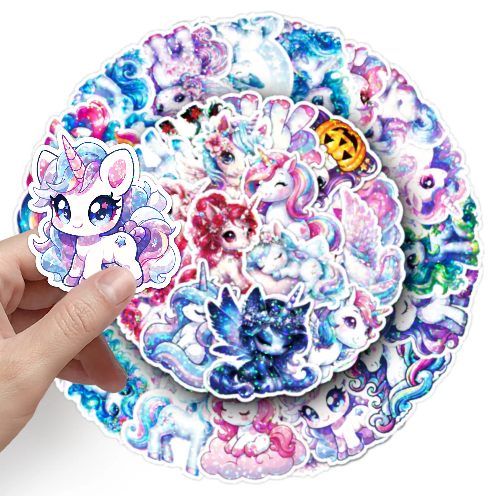 50PCS Flash Film Laser Unicorn Stickers Cute Cartoon Animal Phone Computer Stationery Notebook Waterproof Decoration Stickert