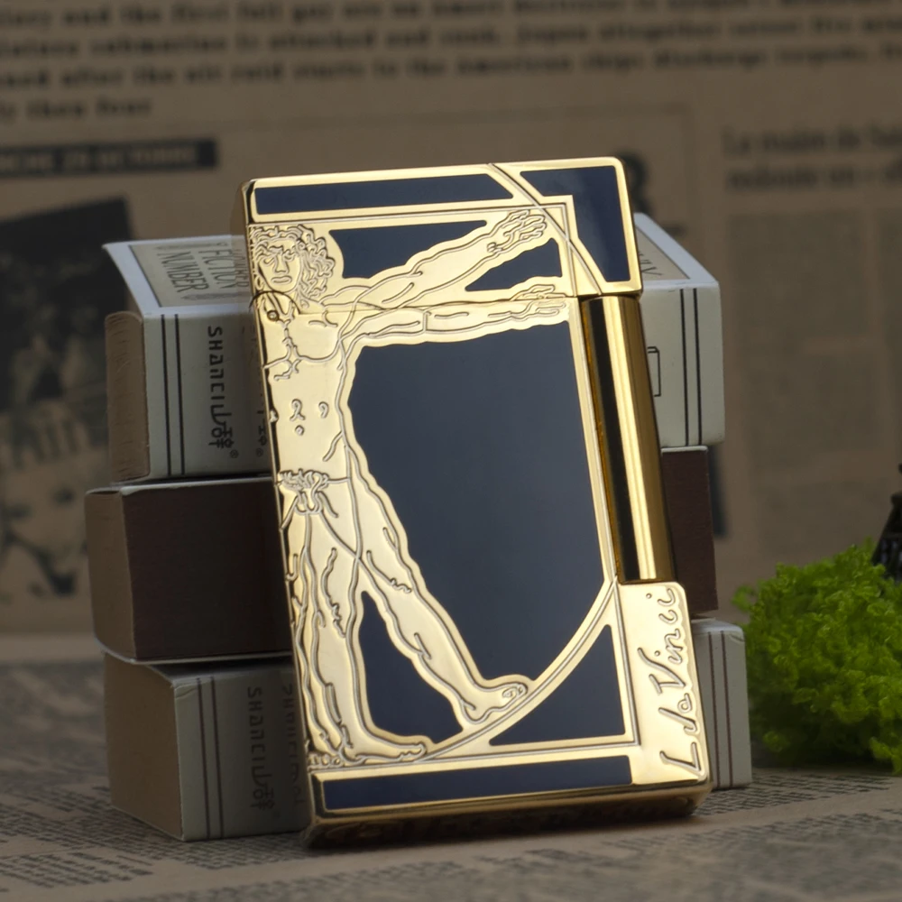 Luxury Da Vinci Vitruvian Man Engraved Line 2 Gas Lighter, Metal Ping Sound Cigarette Lighter, Premium Collect Gift for Men 080