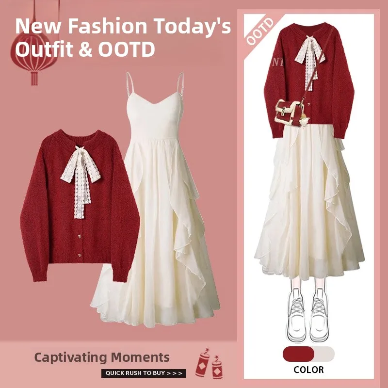 

Autumn Winter Women's Fashion Set New Year's Robe Red Atmosphere Sweater Strap Dress Two-Piece Set Long Sleeve round Neck Top