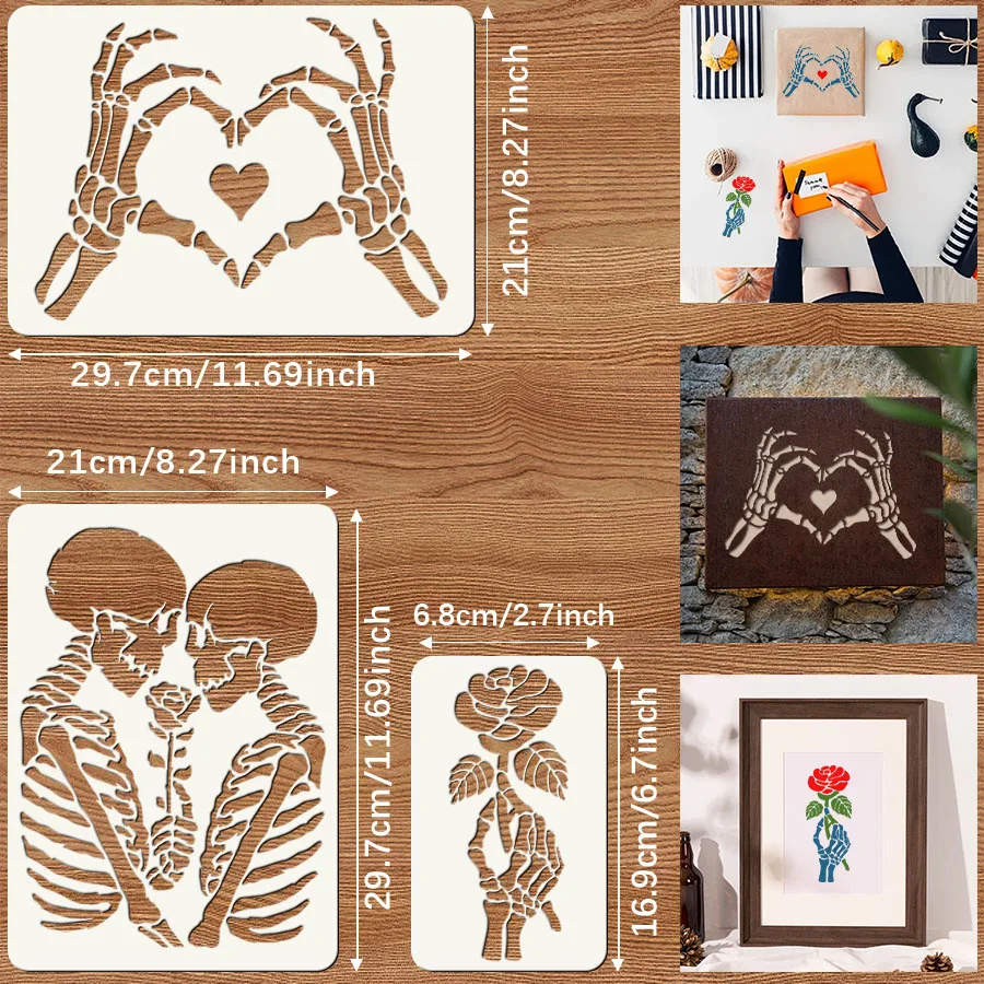 3PCS Skeleton Heart Rose Stencil Set – Reusable DIY Painting Templates for Wall Decor, Scrapbooking, Halloween Party, Gift Packa