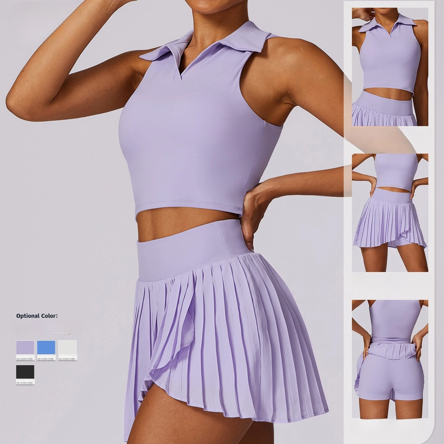 Greenora 2PCS Set Pleated Tennis Skirt Golf Women Gym Outfits Crop Polo Top Ribbed Skort Athleisure Golf Matching Sets Summer
