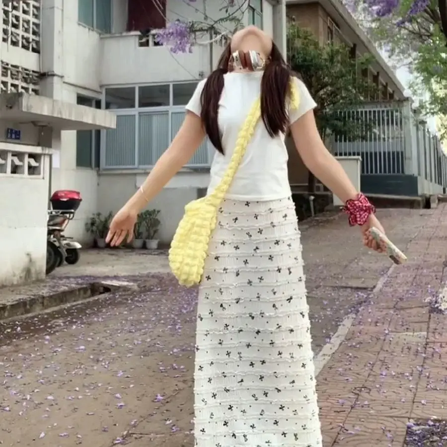 

Женская юбка-миди с цветочным кружевом и завышенной талией, корейский стиль, повседневная, из полиэстера