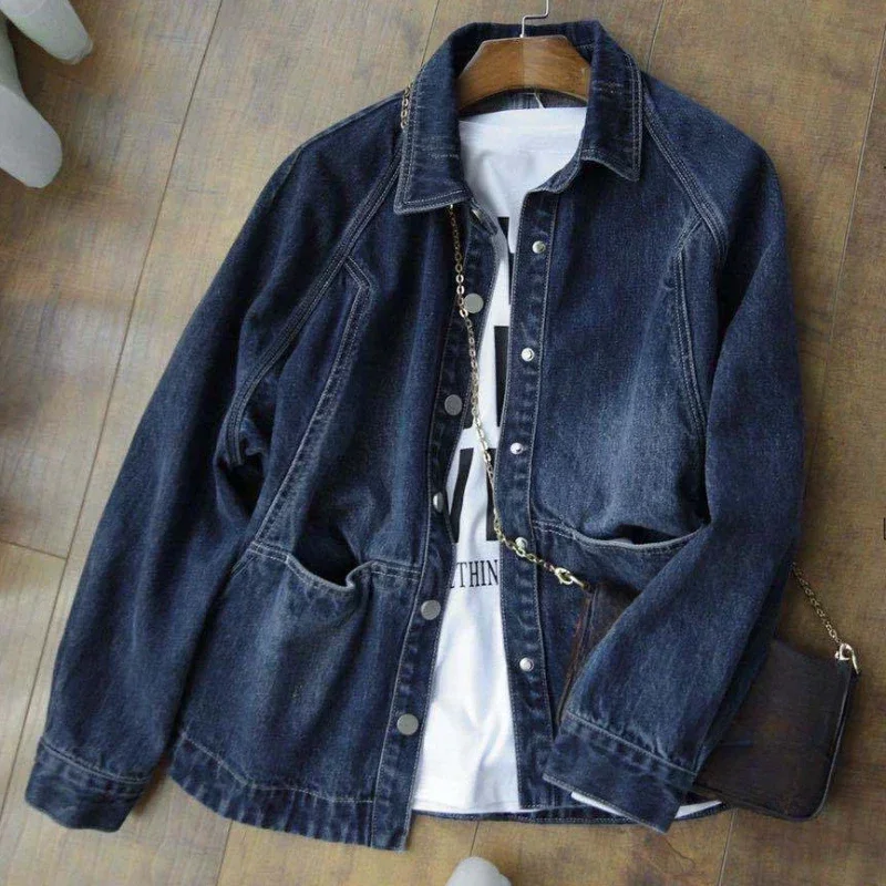 Pocket Outerwears Female Jeans Coat Blue Women\'s Denim Jackets Spring Autumn Korean Popular Clothes Vintage on Sale Low Price