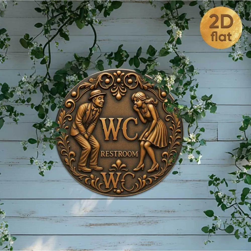 Vintage "WC Restroom" Round Iron Sign Elegant Couple Art, Bathroom Bar Decor, Easy Hang - view 3