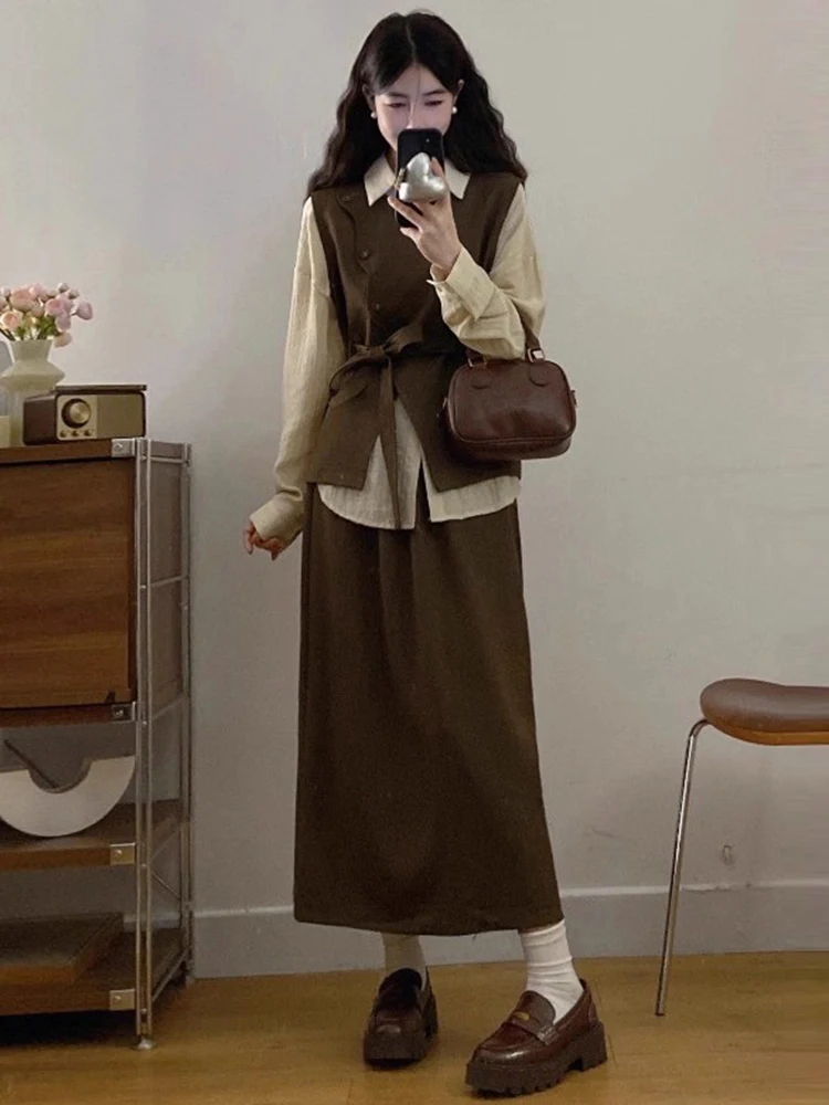 

plus Size Women's Fashion Set High Waist Long Skirt Shirt Layering Waist Inward Three Piece Set Autumn Commute Style