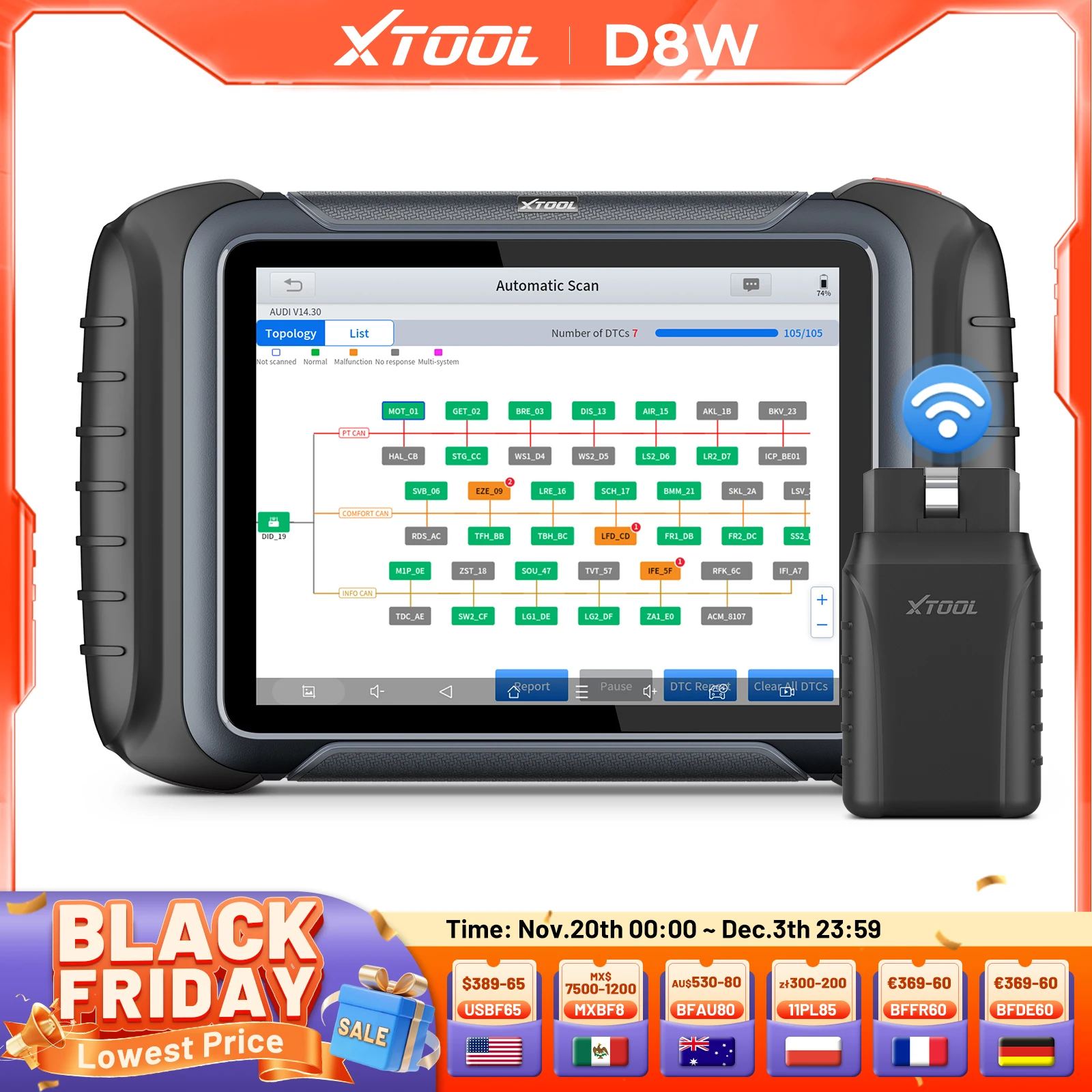 XTOOL D8W BT V2.0 Bluetooth Automotive OBD2 Scanner ECU Coding Car Diagnostic Tool Topology mapping with 42+ Reset CAN DOIP FCA