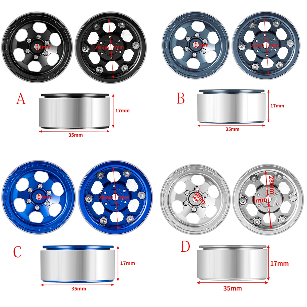 YEAHRUN 4 Stuks Rubber Wiel Banden 1.3 inch Beadlock Velgen Hubs voor 1/24 RC Auto Axiale SCX24 Crawler auto Upgrade Onderdelen