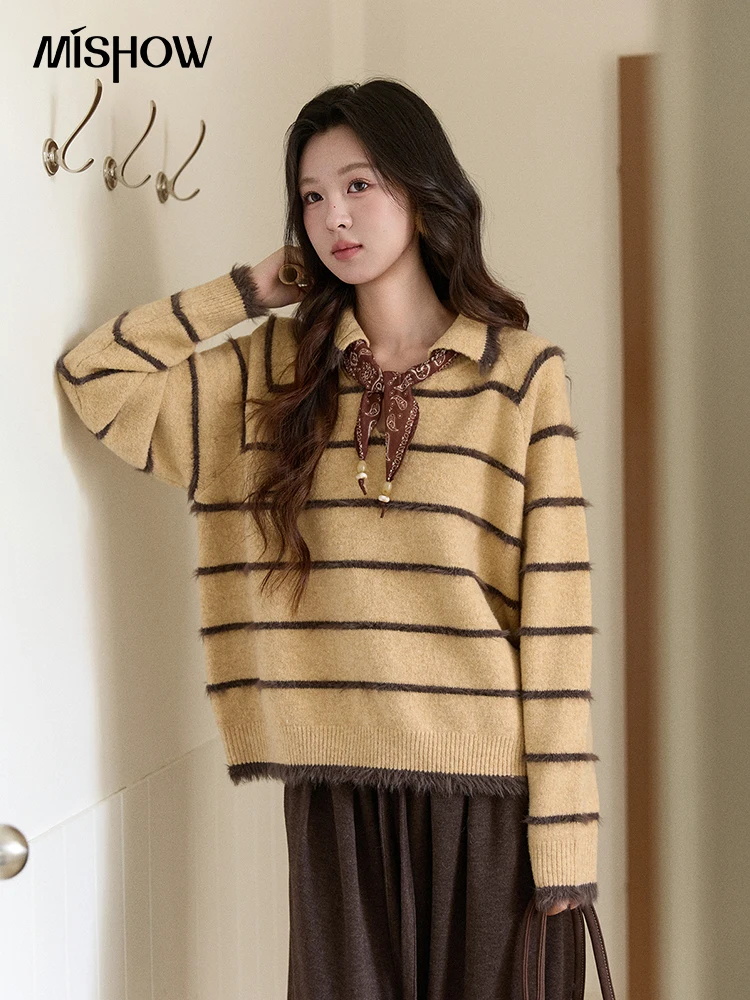 MISHOW femmes fausse fourrure de vison rayé pull 2025 hiver lâche revers gland ourlet épaissi tricots hors foulards MXE93Z2945