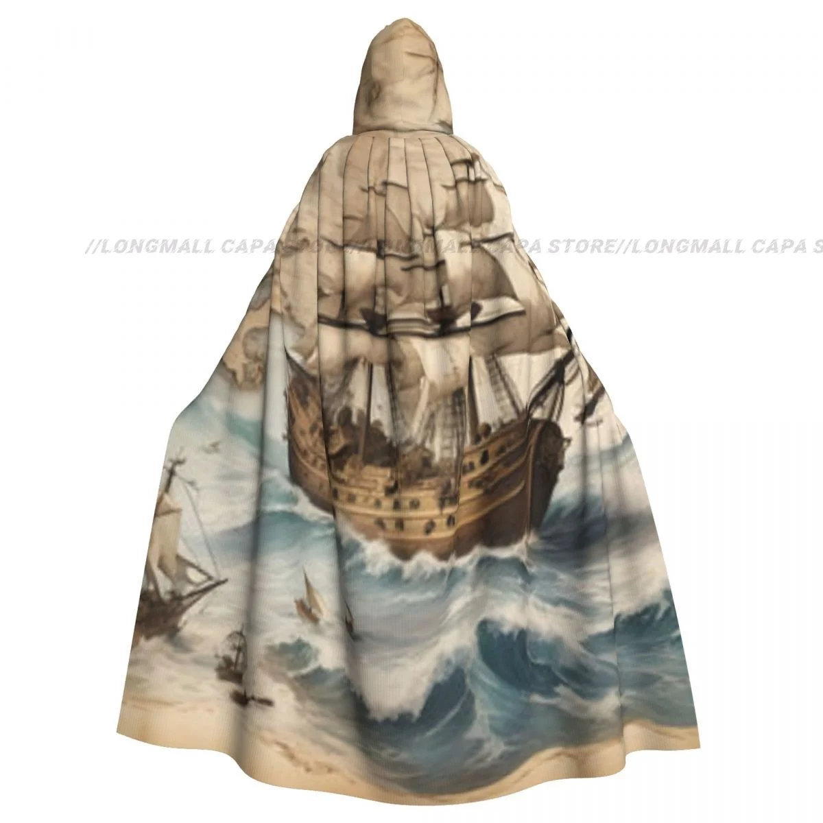 Antique Treasure Map With Sailing Ships Cloak Hooded Cosplay Costume Halloween Adult Long Party Cape