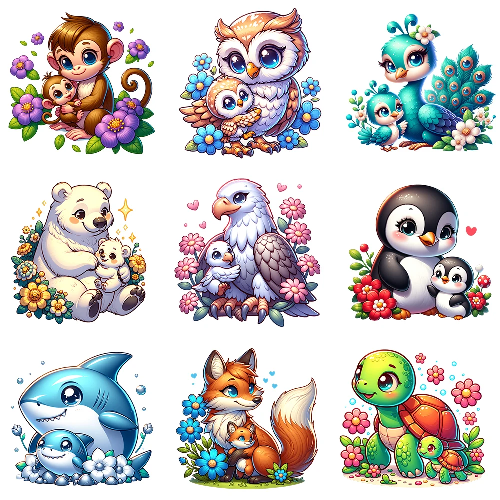 15cm Cute Cozy Mother Baby Animal Owl Tortoise Diy DTF Heat Transfer Sticker T-shirt Clothes Decals Iron On Transfer Stickers