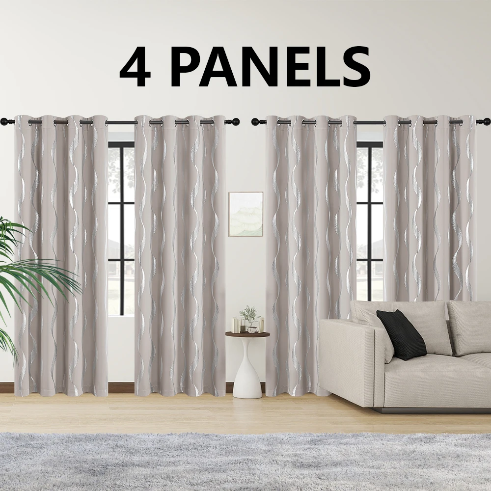 

4Pcs Blackout Curtains Grommet Thermal Insulated Room Darkening With Wave Foil Printed For Bedroom