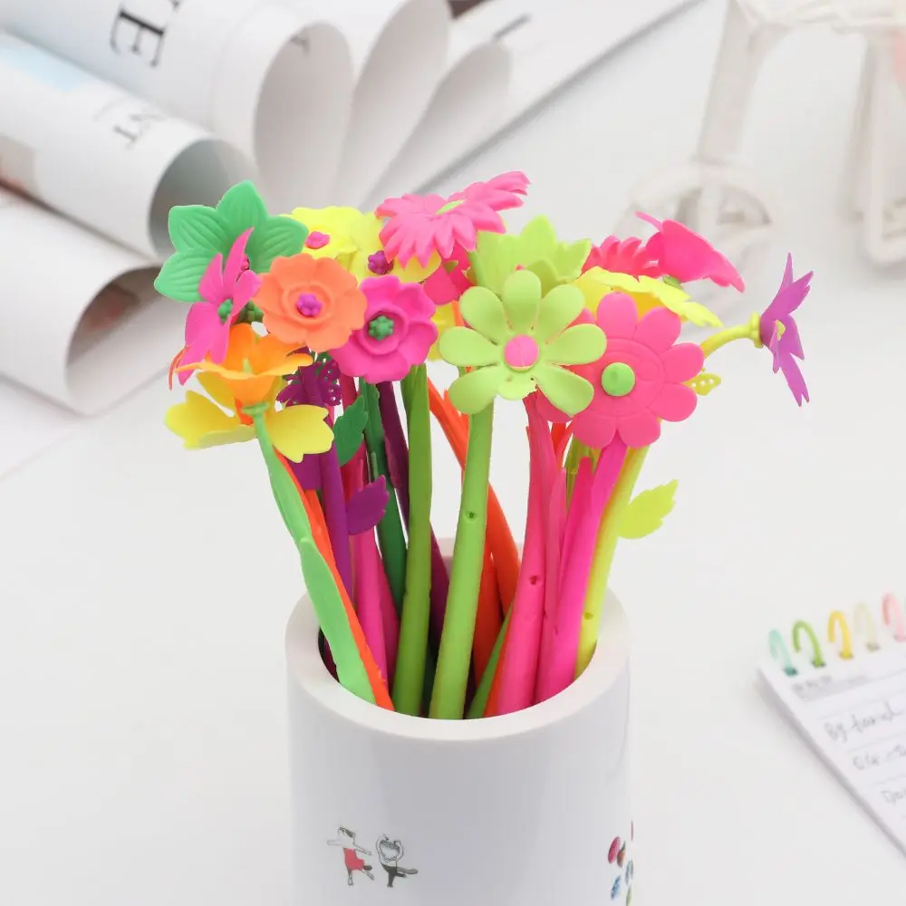 

5PCS Soft Silicone Flowers Gel Pens Colorful Flowers Ballpoint Pen 0.38mm Black Ink Pen School Office Stationary For Kids Gift