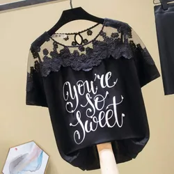 T Shirt for Women Baggy Short Sleeve Summer Outfit Graphic Tops Woman Mesh Lace Basic Youthful Clothes Clothing Pulovers Kpop