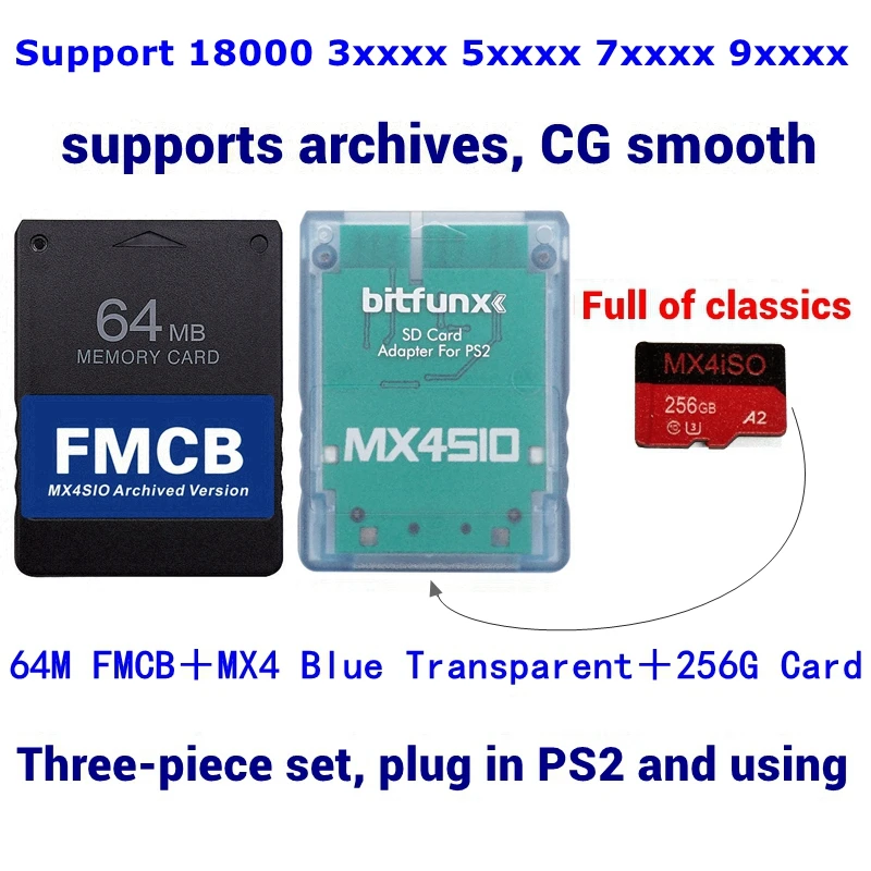 Light blue PS2 MX4SIO SD Card Adapter For PS2 All Consoles + FMCB Card + 256G128G/64G TF SD Card choose combination package