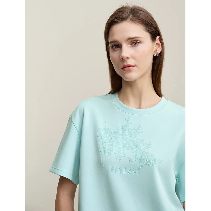 Amii Women's T-Shirt 2026 Summer New Round Neck Drop Shoulder Cotton Tee Lace Embroidered Woman Loose Fit Knit Tops 12622048