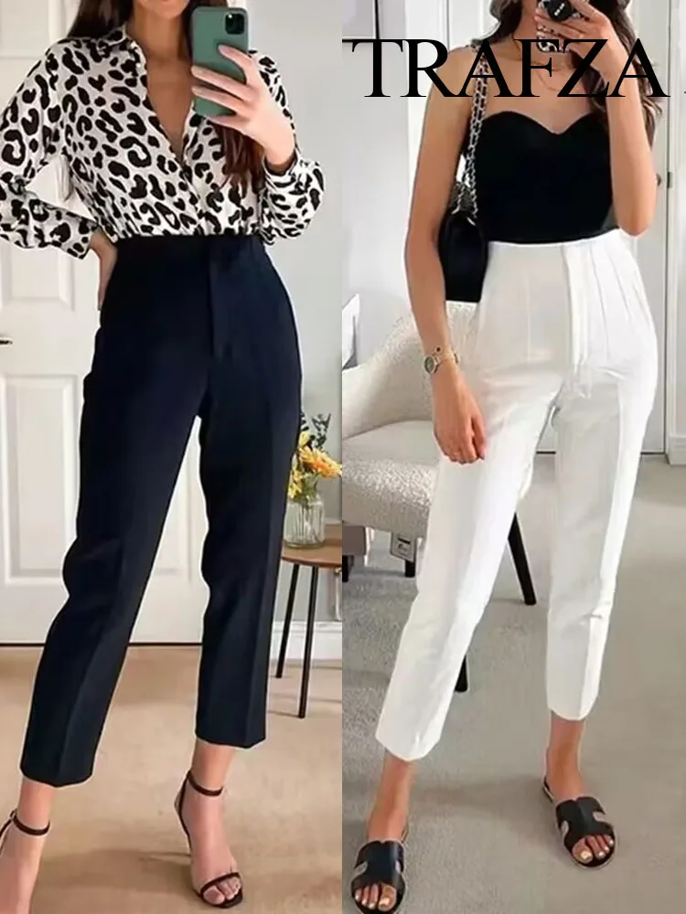 TRAFZA Fashion Women\'s Solid Color High Waist Slim Pencil Pants Woman Side Pocket Zipper Casual Elegant Street Long Pants Mujer