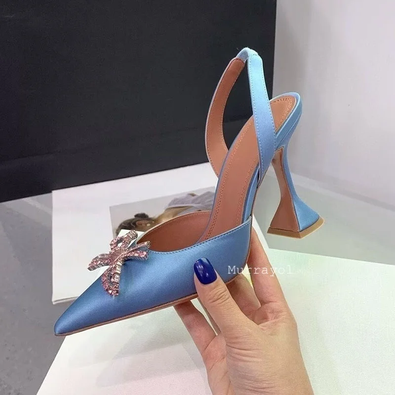 أحذية الزفاف وأشار الساتان تألق كريستال Bowknot ديكور مضخات المرأة بلون الظهر حزام الصنادل الصيف فستان مثير الأحذية #4