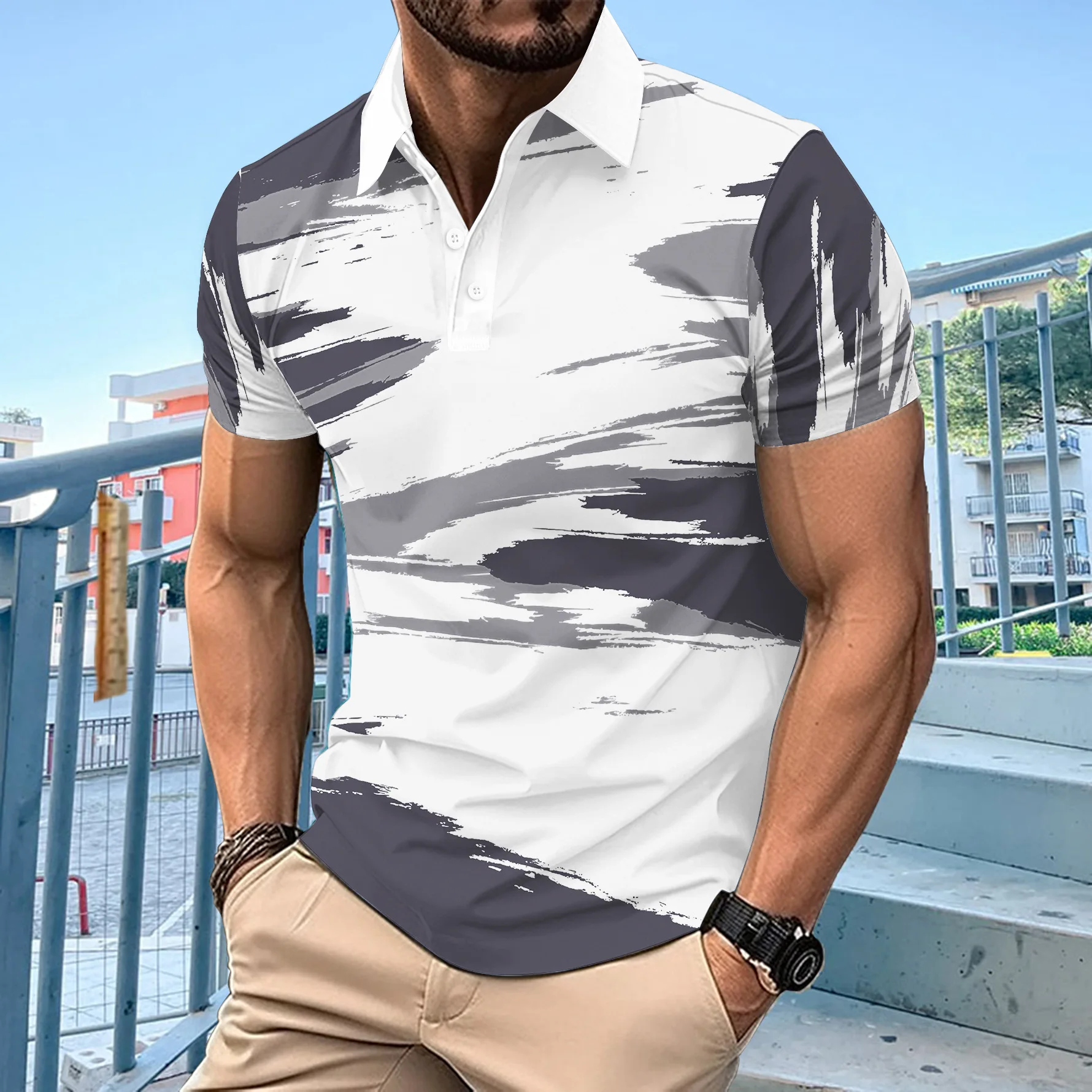 Hawaiian Leisure Vacation Style Men's Leisure POLO Shirt Wave Digital Print Button Business Solid Color Matching T-shirt S-3XL