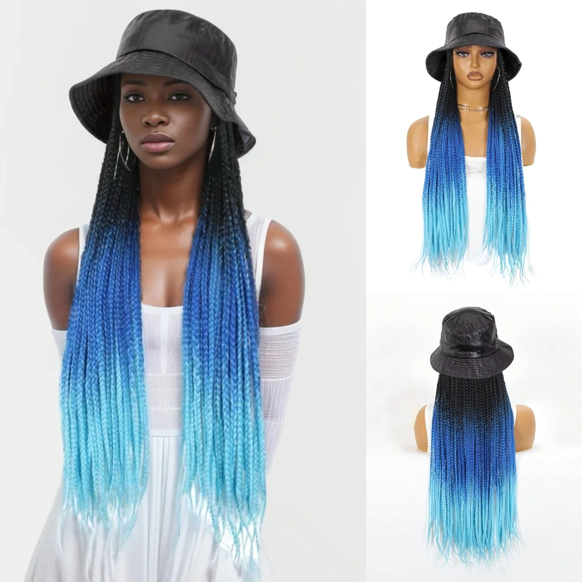 

WIGERA Cheap Ombre Light Dark Blue Long Box Braided Cap Synthetic Braiding Braids Wig With Hair Extensions Bucket Hat For Wemon