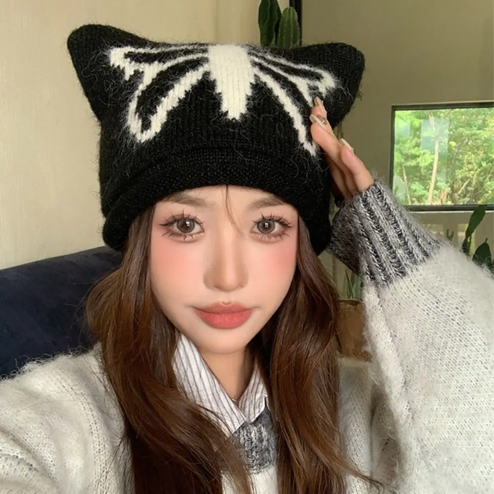 Gorro informal con orejas de gato rizado, protección para los oídos a prueba de viento, gorro tejido con mariposa, gorro Jacquard de lana gruesa estilo Y2K