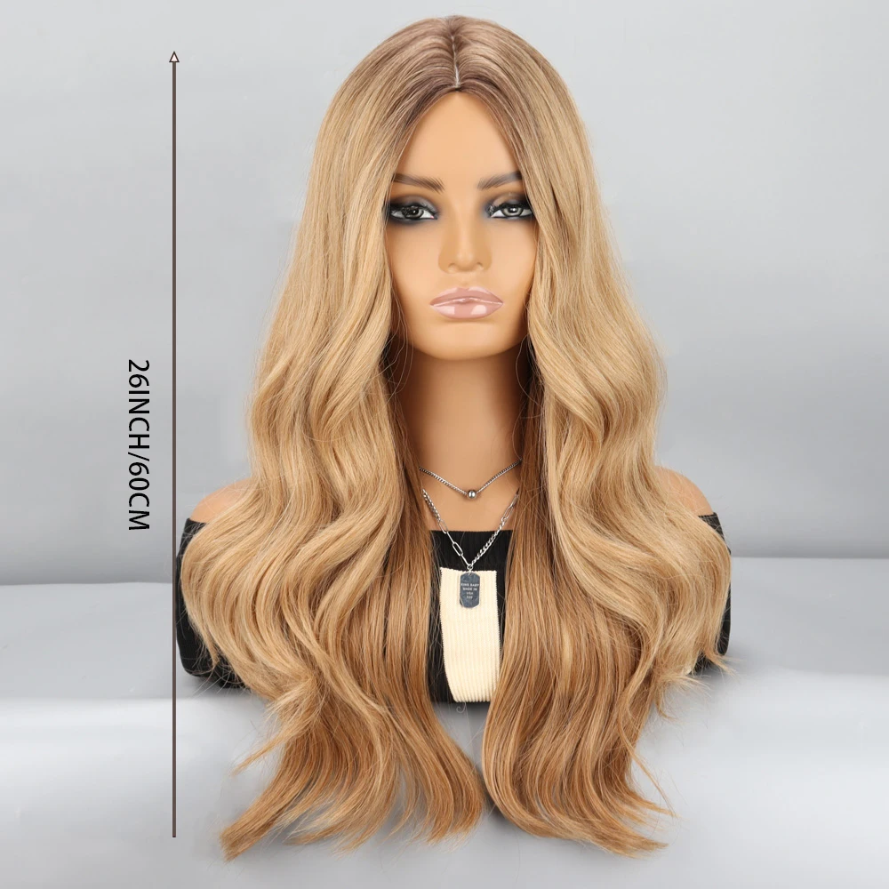 Synthetic Wigs Ombre Light Brown Blonde Long Water Wavy  Natural Middle Part Daily Hair for Women Cosplay