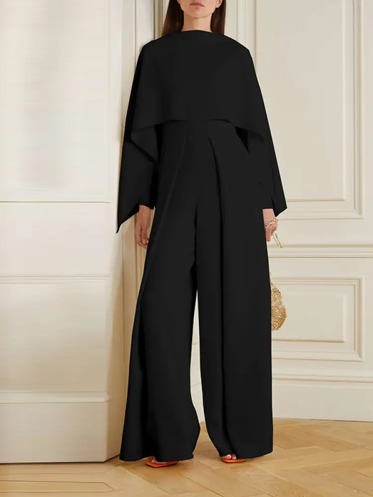 Bonboho Urban Female Elegant Jumpsuit Round Neck Ruffled Sleeve Pleated Wide Leg Pants One-piece Suit Women Commuter Jump Suits