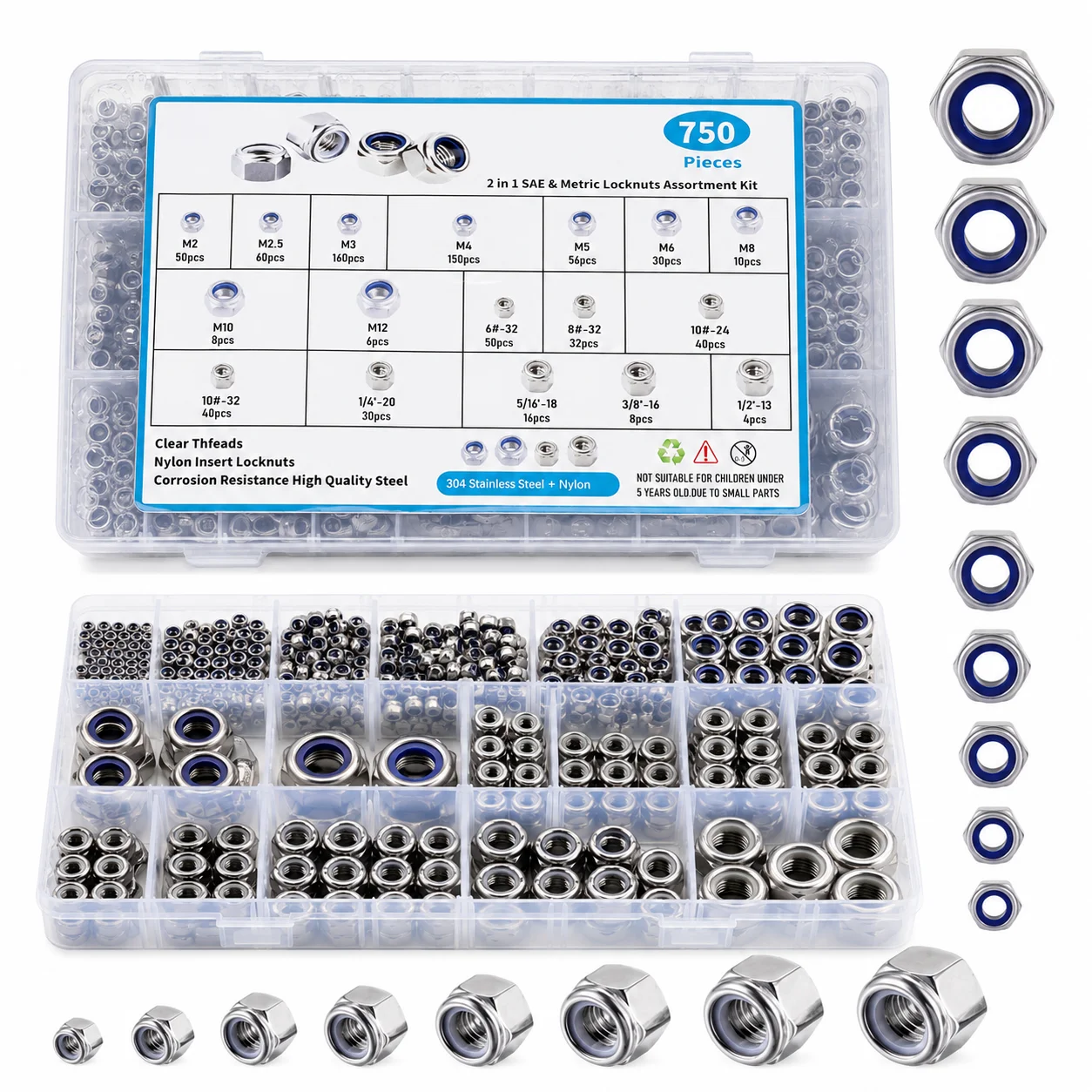 750Pcs Nylon Insert Lock Nut Assortment Kit 304 Stainless Steel Metric SAE Locknuts M2-M12 #6-32 to 1/2-13 with Storage Box