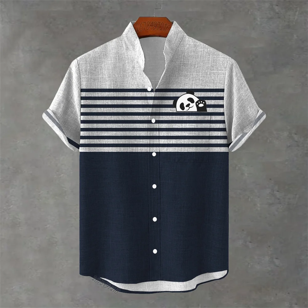 2026 Summer New Panda Print Stand Collar Short Sleeve Shirt Men's Casual Vacation Style 21 Color Block Striped Thin Fun Top