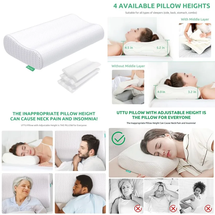 

Cervical Pillow for Neck Pain Relief, Memory Foam Neck Pillow for Sleeping, Adjustable Orthopedic Sandwich Pillow, Contour Cool