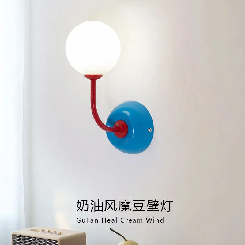 

Nordic Blue Bedroom Bedside Wall Lamp Milky White Glass Lampshade Living Room Background Study Aisle Porch Decorative Wall Light