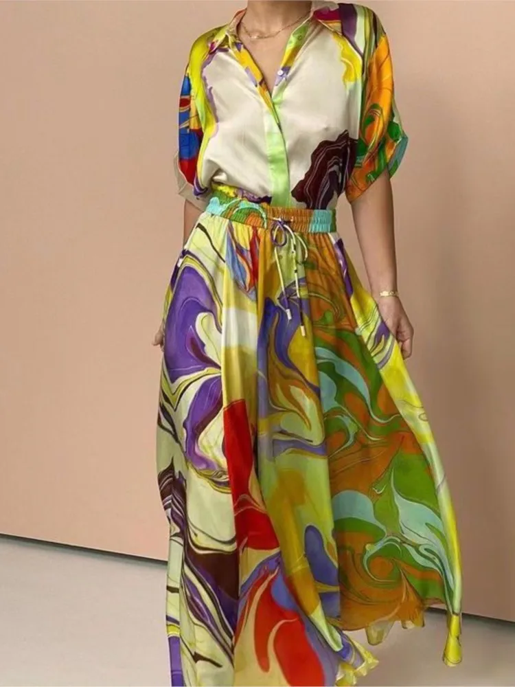 Color Print Skirts Two Piece Set Temperament Satin Half Sleeves Shirts Elastic Waist A-line Skirt 2 Piece Sets Fashion Lady Suit