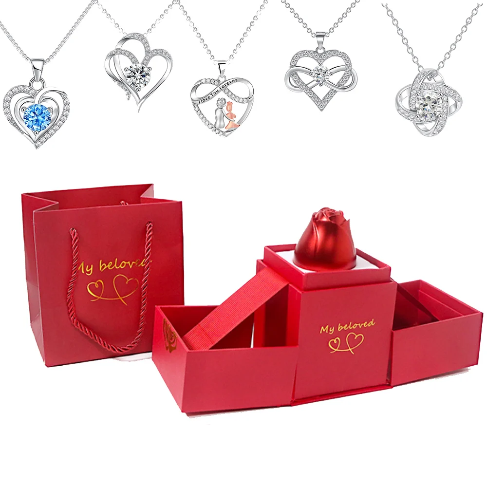 Crystal Love Pendant Necklace Flower Rose Set Lift Jewelry Box Gift Box for Girlfriend Wedding Valentine's Day Gifts