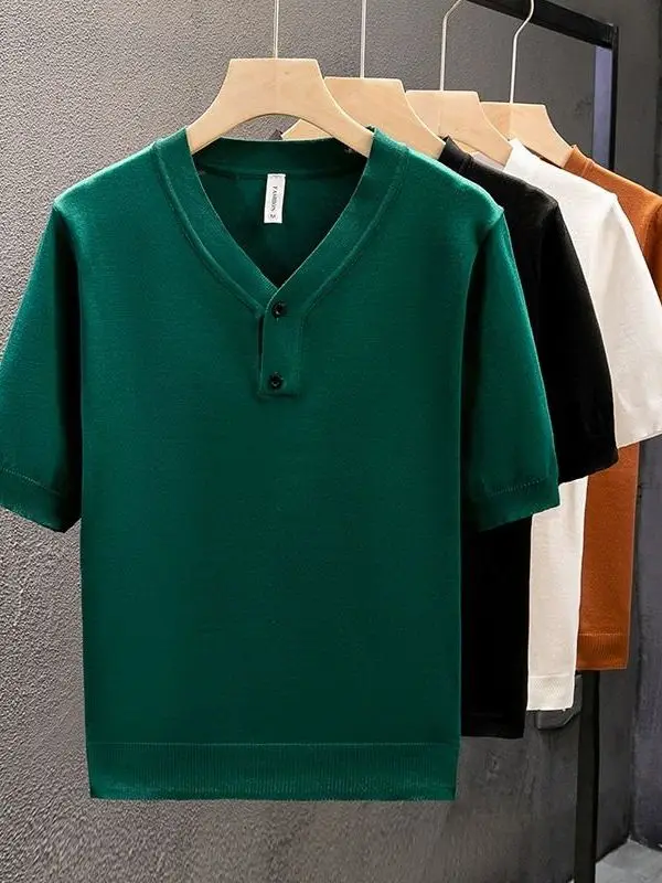 Men's Summer Slim Fit Ice Silk Knitted T-irt ort Sve V-Ne f Sve Base irt Thin Pure Color Versatile Base Tee