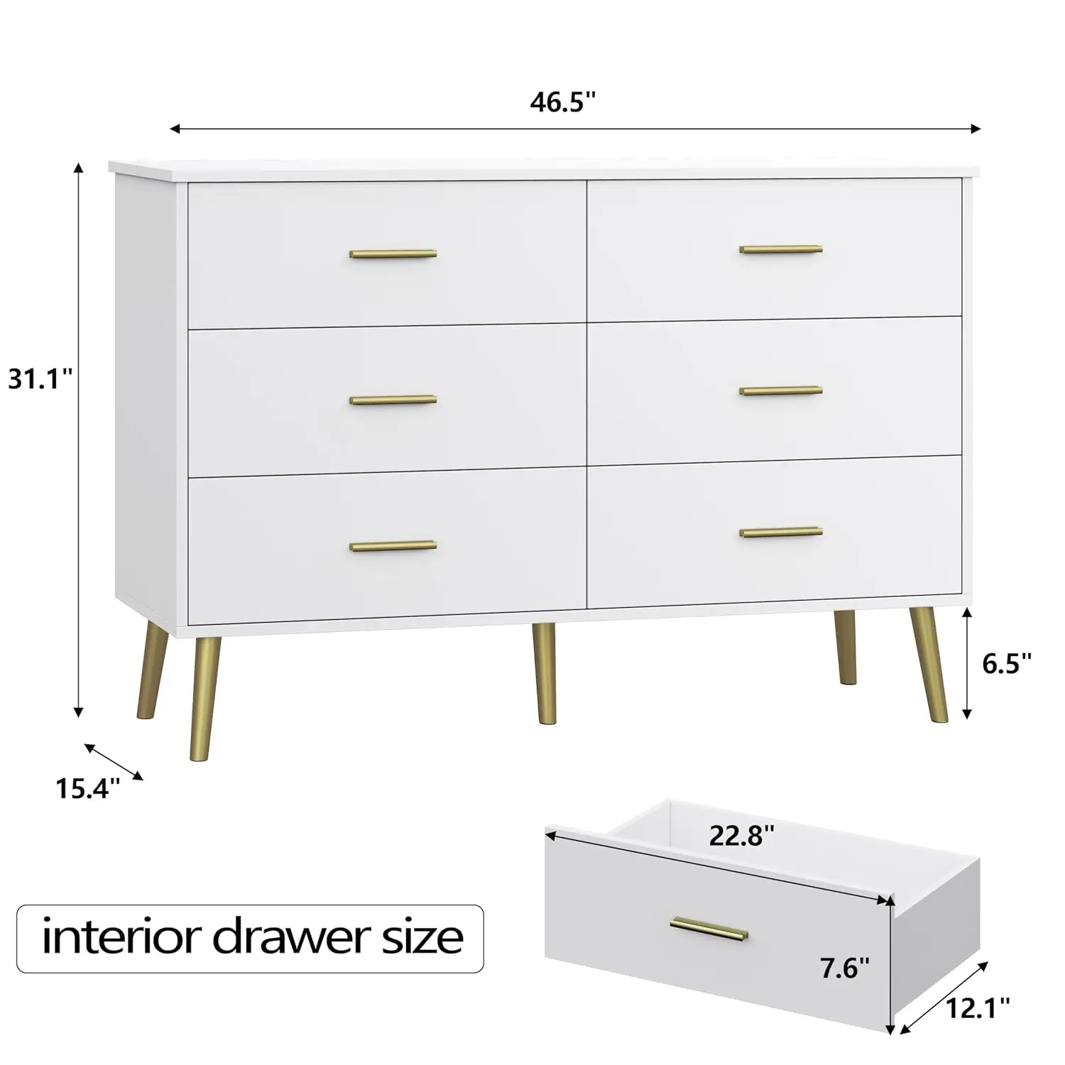White Dresser 6 Drawers Bedroom Closet, Wide Clothes Storage LED Light & Metal Handles Hallway Entryway, Customized