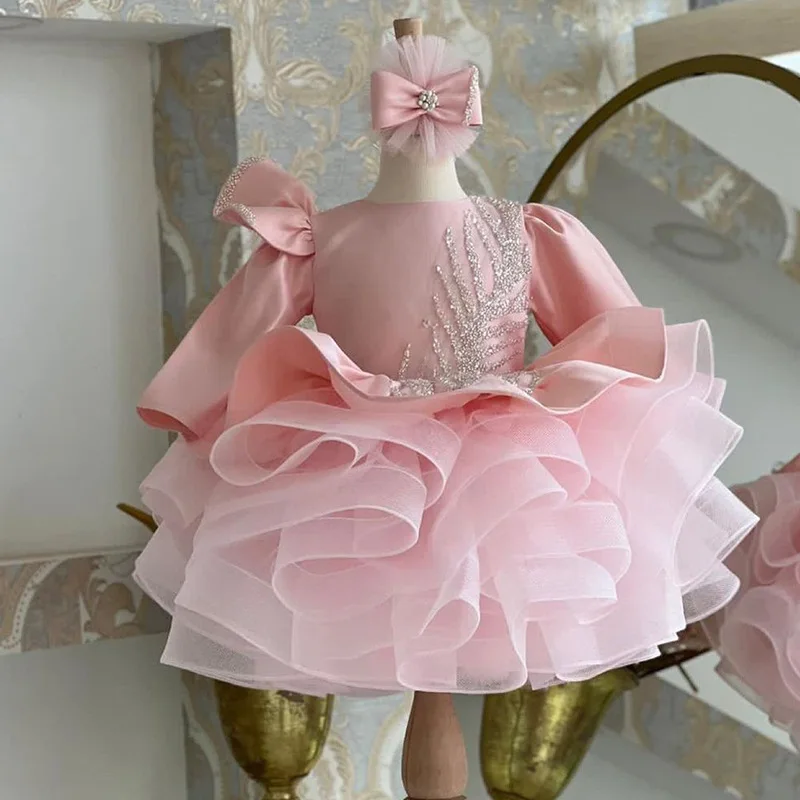 

2025 Pink Long Sleeve Princess Dress for Girls European Style Tulle Tutu for Flower Girl & Birthday Party Elegant Gown for Kids