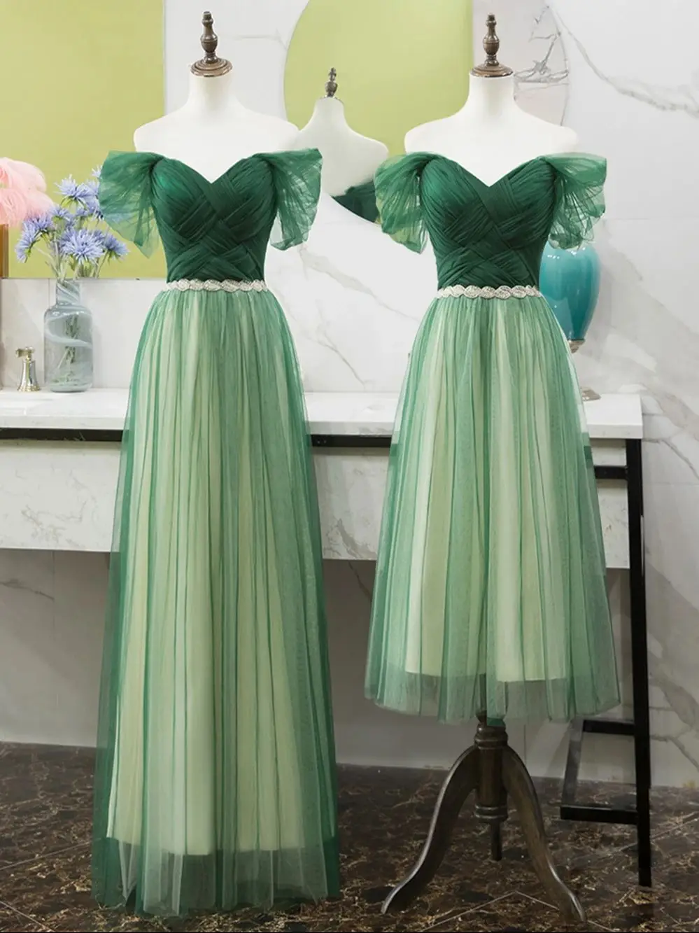 Elegant Green Bridesmaid Dress 3 Lengths Square Backless Off Shoulder A-Line Gown Unique Tulle Weave Texture Evening Vestido