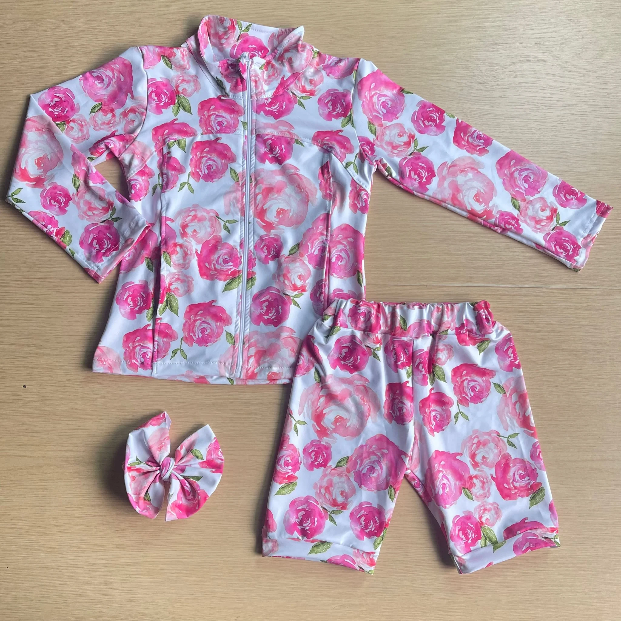New Summer Outfit Zip-up Short-sleeved Top and Leggings Shorts Girls Boutique Set Paired with a Bow Headband