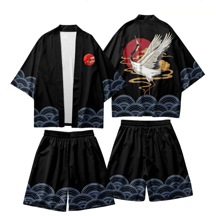 Two-piece Suit Japanese Cardigan Men Kanagawa Wave Crane Cosplay Yukata Harajuku Kimono Shorts Sets Patchwork Asian Traditional