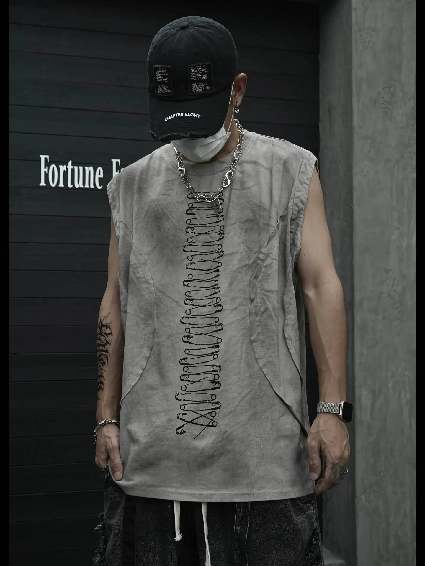 American Tie Dye Distressed Gray Cotton Sleeveless Tank Top Patch Raw Edge Print Design High Street