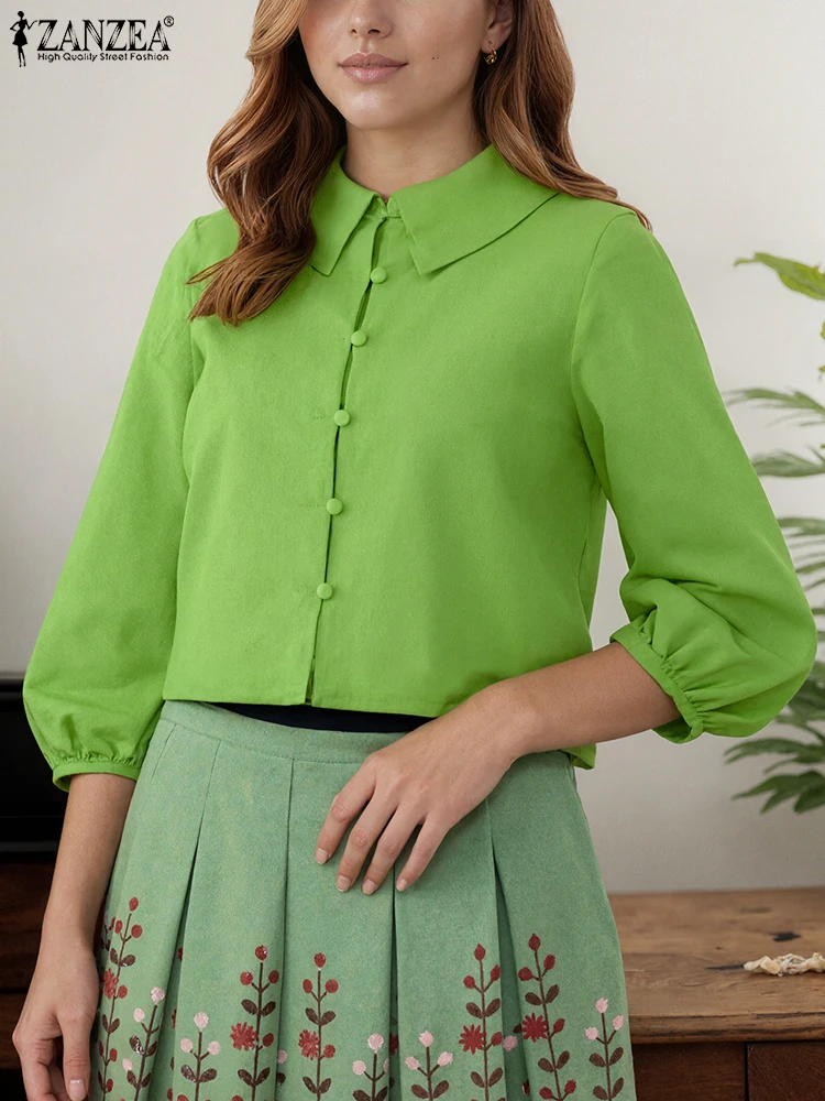

2025 ZANZEA Elegant Office Lady Shirts Women Autumn Blouse 3/4 Lantern Sleeve Solid Blusas Fashion Lapel Casual Loose Tops Tunic