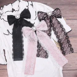 Lace Ribbon Neck Tie Lolita Chic Jirai Kei Pink Black Bow Tie Women's Big Bow Love Pearl for Collared Shirt Jfashion Accessories