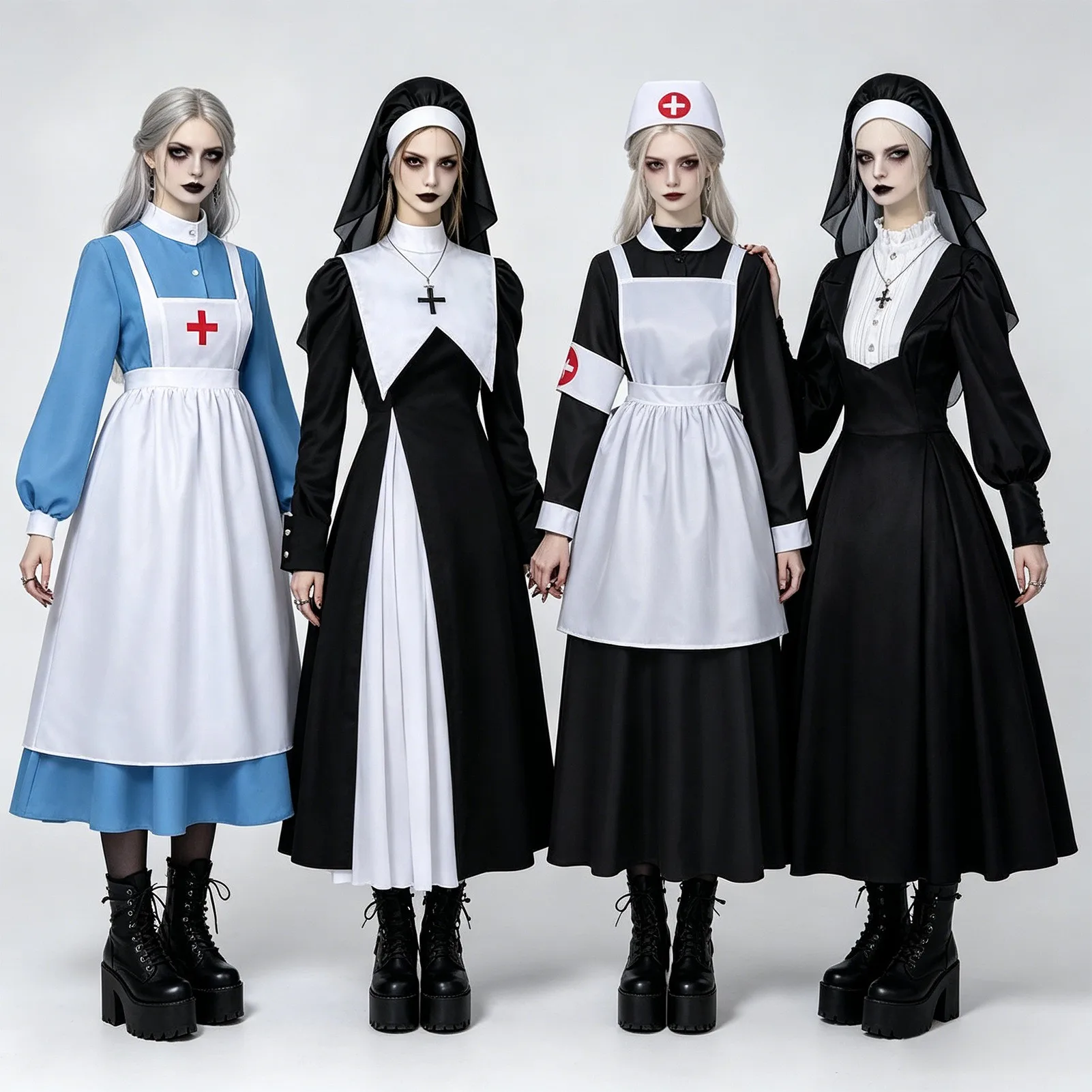 Halloween Role-playing Nun Nurse Florence Cross Society Uniform Dress Color Block Cosplay Costume Polyester Fiber 100%