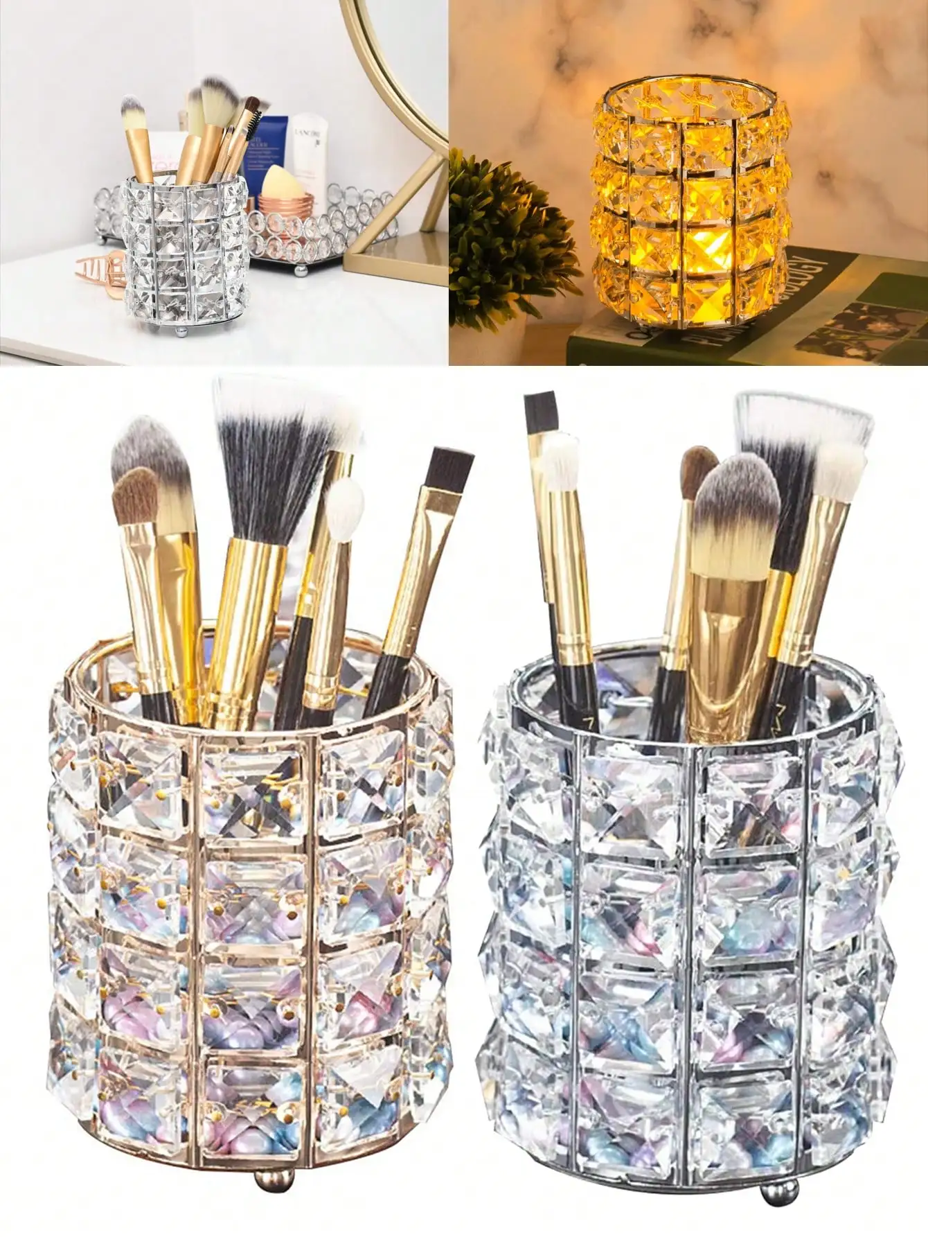 Makeup Brush Holder Organizer Golden Crystal Bling Personalized Gold Comb Brushes Pen Pencil Storage Box Container