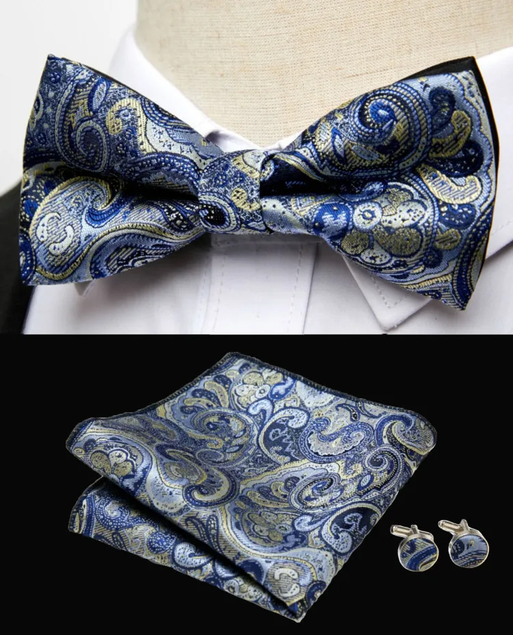 HUISHI Klassische blaue Fliege für Männer, Paisley-Blumenfliege, Einstecktuch, Manschettenknöpfe, Anzug-Set, Hochzeit, Party, kariert, solide Schmetterling – Detail 25