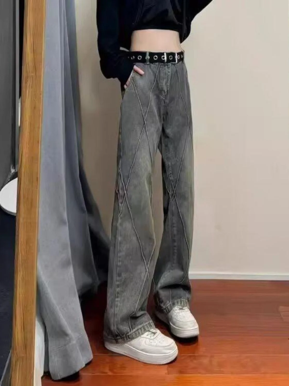 

Американские ретро-джинсы с пэчворком и прямым кроем для мужчин, осенние облегающие брюки, стильные уличные джинсы с высокой талией, свободного кроя