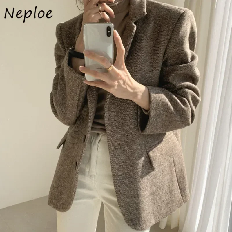 Neploe French Vintage Temperament Blazers Femme 2024 Autumn Winter Slimming Long Sleeve Herringbone Patterned Suit Jackets